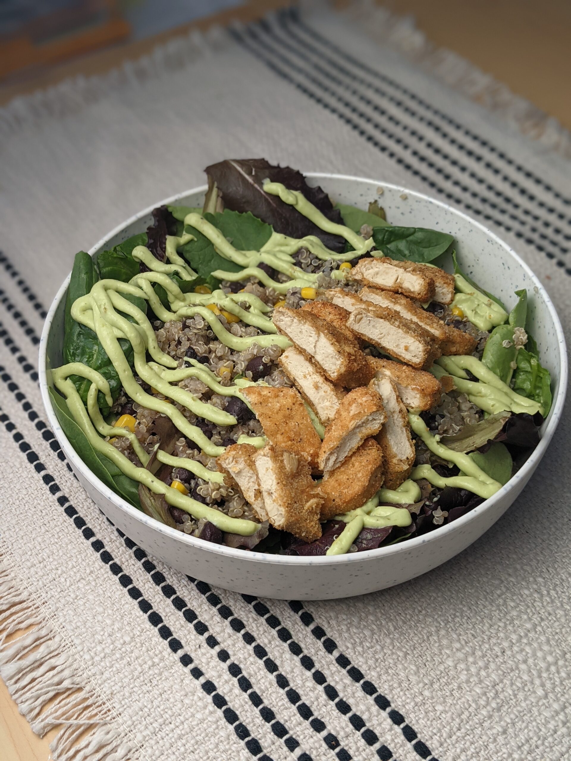 Crispy Chick’n Salad with avocado lime dressing