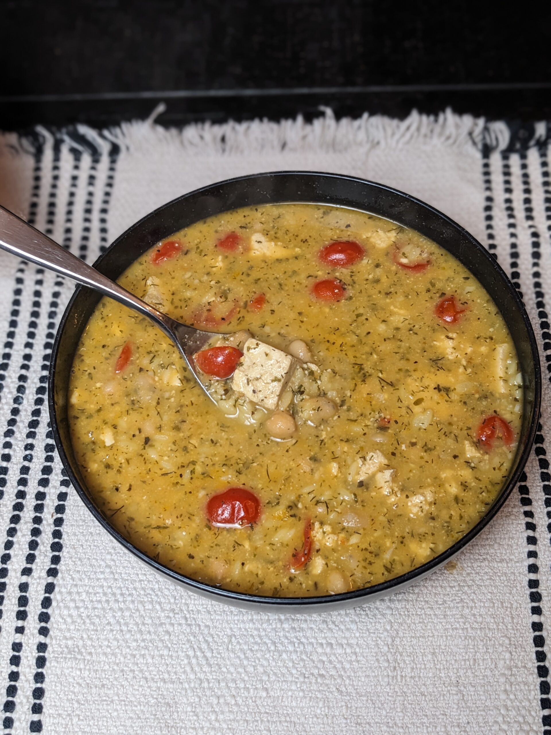 Lemon Orzo Soup with Marinated Tofu